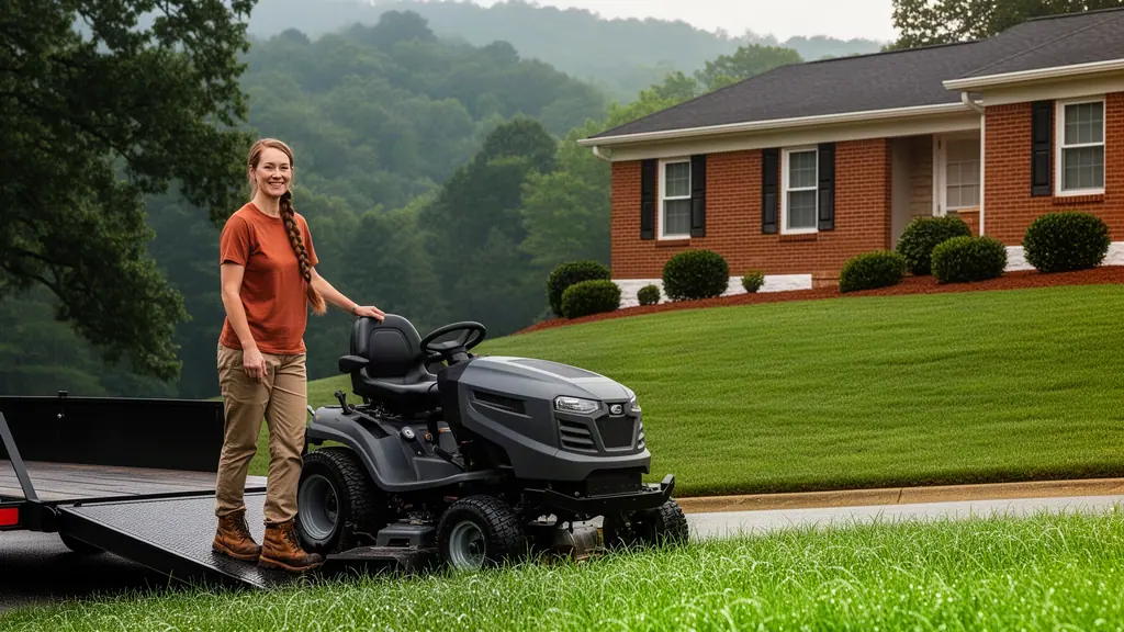 A smiling landscaper beside a gray riding mower on a low trailer at a brick ranch house with foothills beyond.